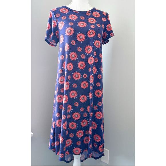 LuLaRoe XS Carly Dress Navy Pink Floral Swing Stretch Knit Pocket Size xs - Picture 1 of 12
